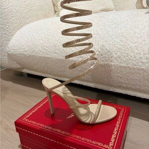 Rene Caovilla SuperCleo Beige Satin/Gold Champagne Spiral Wrap Shadow Heels